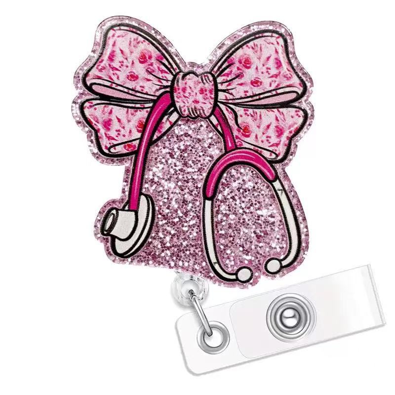 Wholesale Acrylic ID card clip with bow tie  retractable name tag holder easy-pull buckle Badge Reels