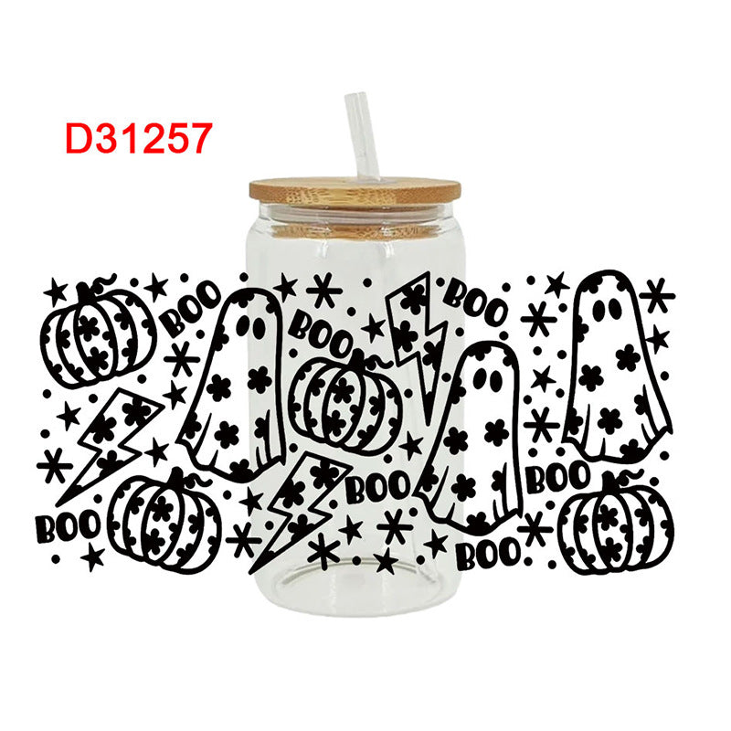 Wholesale Black and white cartoon ghost  16oz Cup UV DTF Wraps