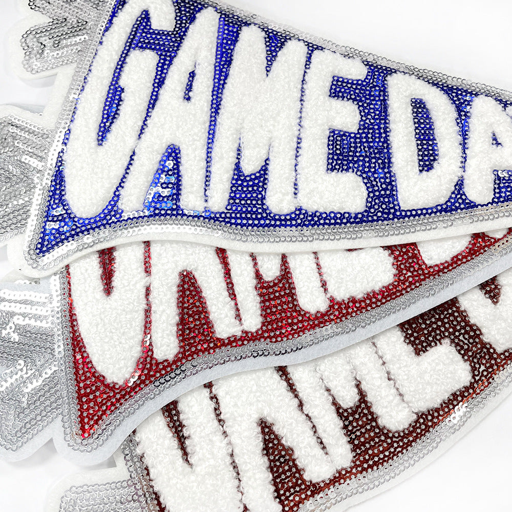 Wholesale Boutique Large Triangular Game Day Glitter Embroidered Patch Orange Iron On DIY Applique Fashion Accessory