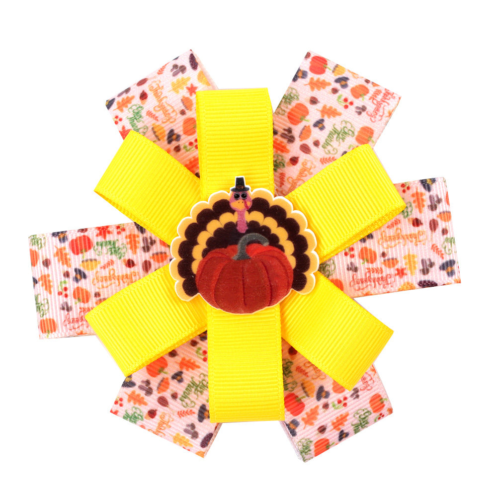 Wholesale 10pcs/pack Thanksgiving Children' s Bow Hairpin Point Small Turkey Accessories Headwear Rowan Ribbon