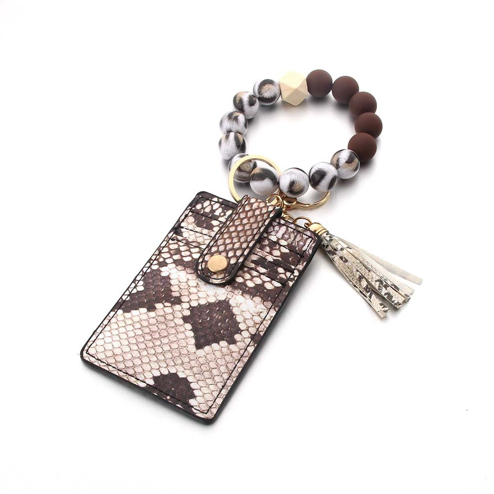 Wholesale Leopard Print Card Holder Silicone Beaded Wrist Keychain
