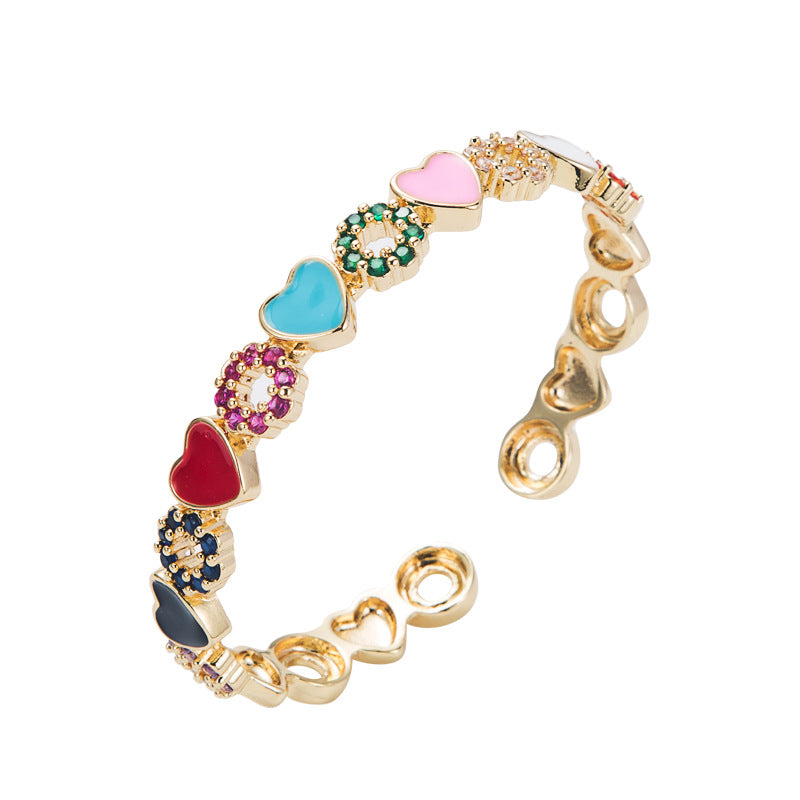 Wholesale  copper inlaid zircon enamel drop oil love heart bracelet Tennis bracelet Open bracelet