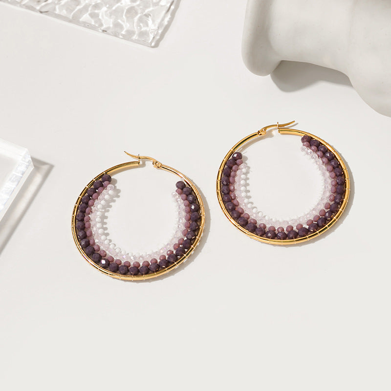 Wholesale Geometric Circle Hand Stitching Pearls Stainless Steel Earrings