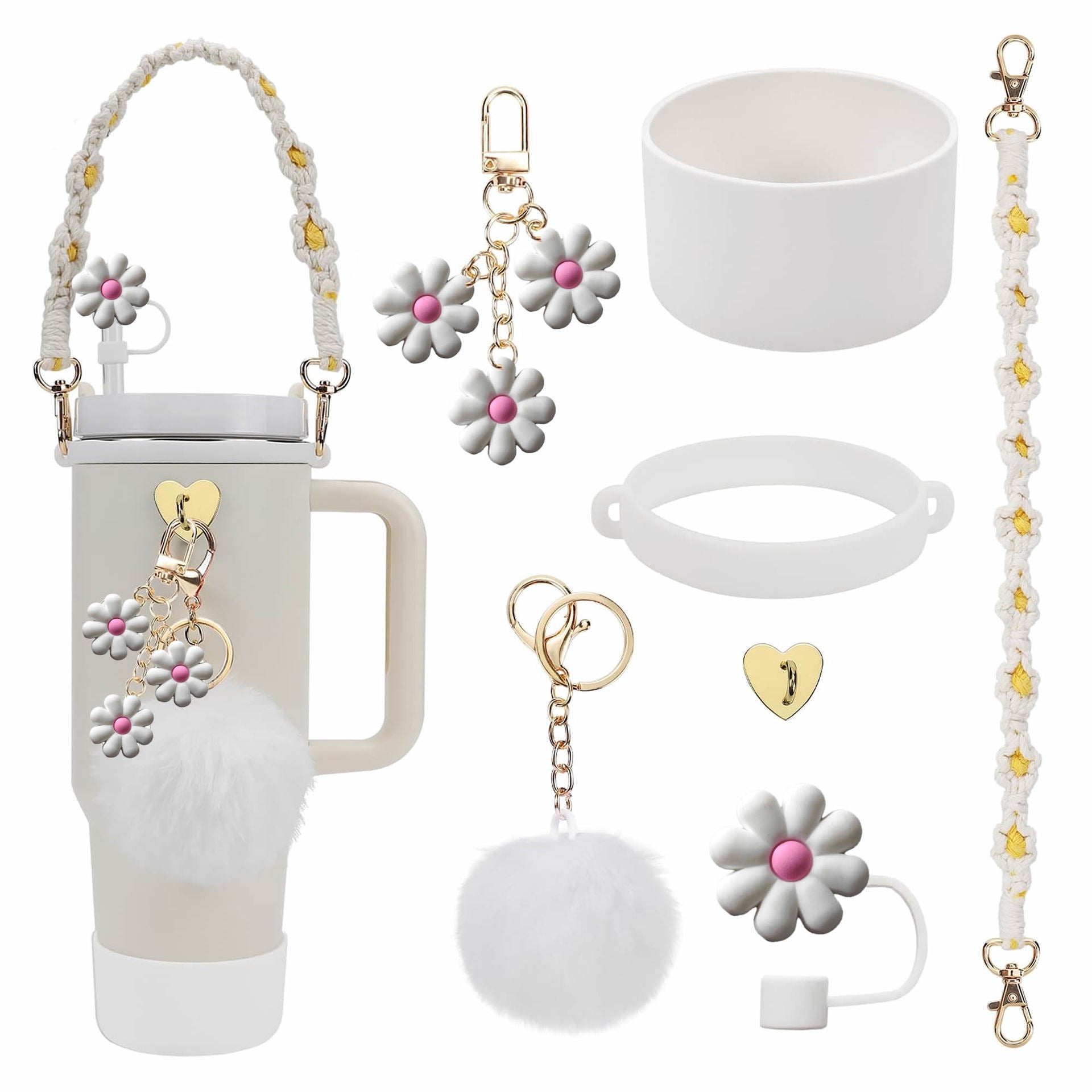 Wholesale Daisy water cup decoration straw hat cup sleeve cup chain colorful flower key pendant plush ball pendant