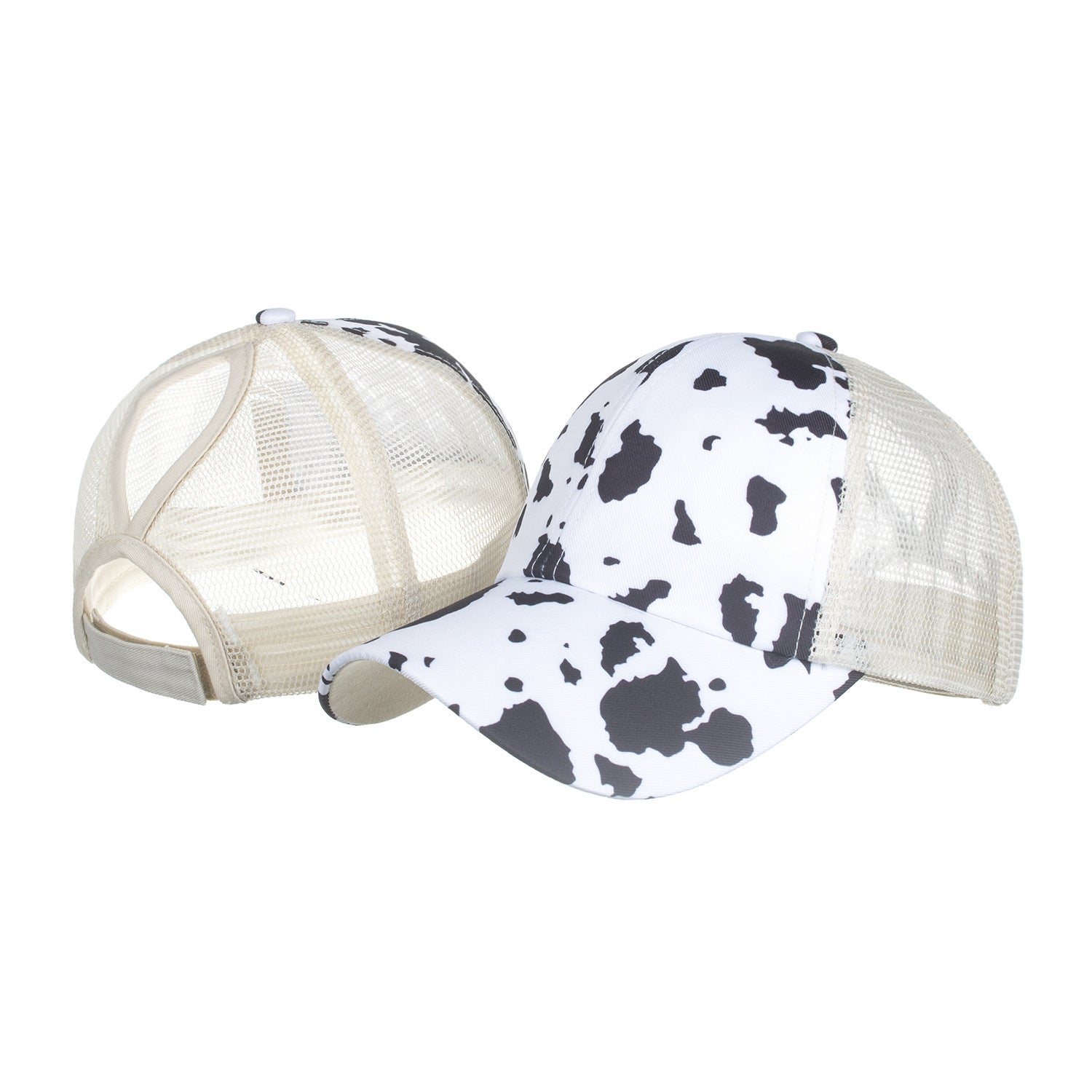 Wholesale Cow Pattern Cross Elastic Mesh Ponytail Baseball Cap