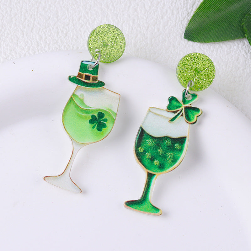 Wholesale St.  Patrick' s  Green AB Beer Acrylic  Clover Earrings