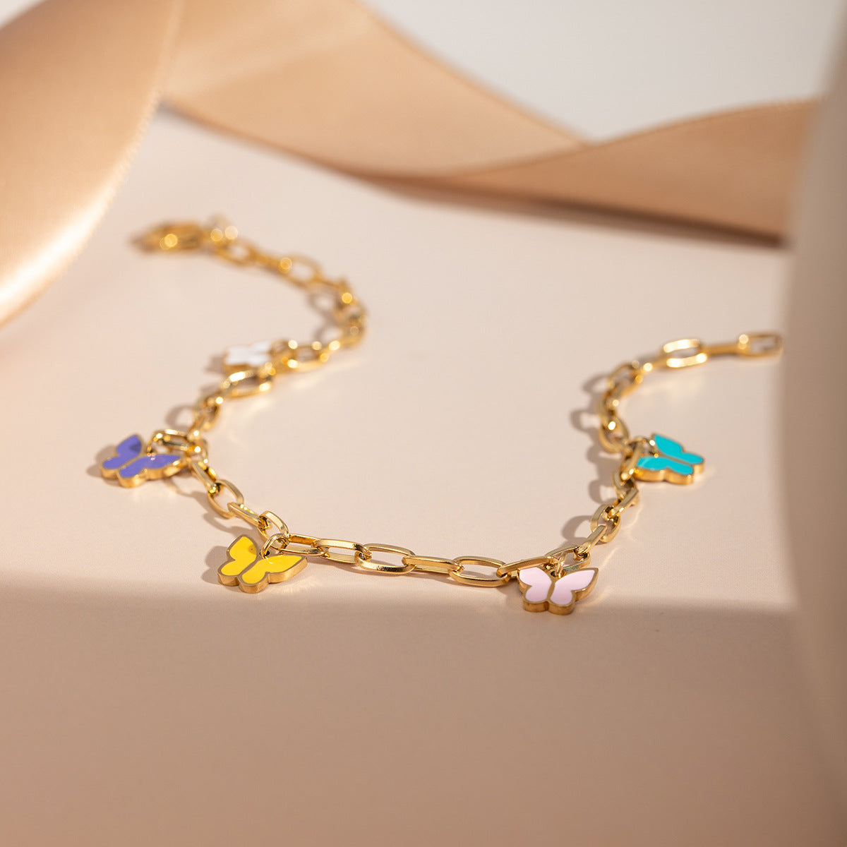 Wholesale Summer Fashion Temperament Colorful Oil Drop Butterfly 16k Gold Stainless Steel Anklet