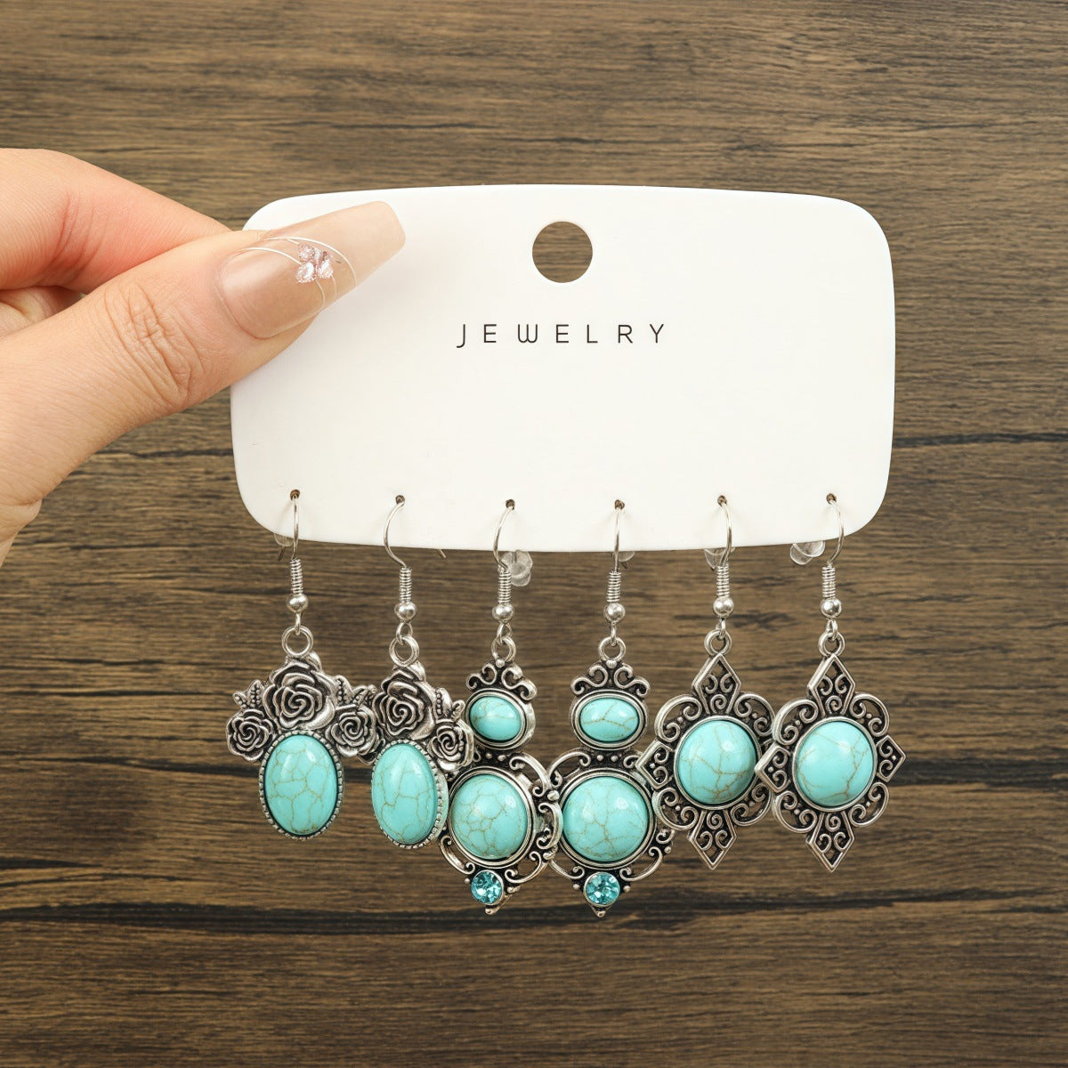 Wholesale Retro Ethnic Geometric Turquoise Tassel Earrings Antique Silver Finish Trendy Jewelry Accessory For Gift And Boutique Resale