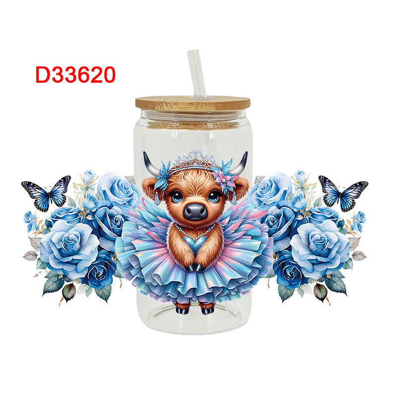 Wholesale Colorful flowers Western style cute cow 16oz Cup UV DTF Wraps