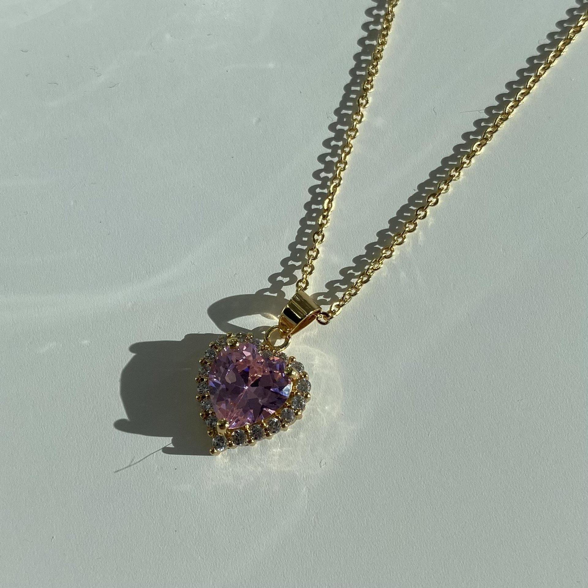 Wholesale Diamond Heart Pendant Copper Plated Real Gold Zircon Necklaces