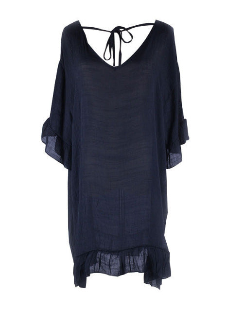 Wholesale Vacation Wind Beach Solid Color Ruffle V Neck Swimwear Cover Up