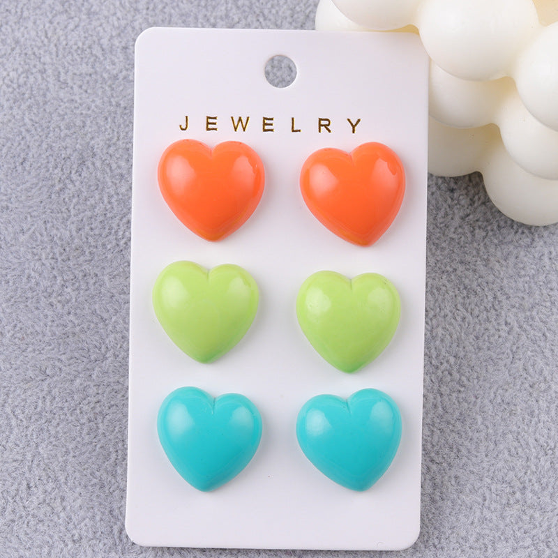 Wholesale Japanese Style Fresh Candy Colored Love Three Piece Set Acrylic Simple and Fashionable Earrings