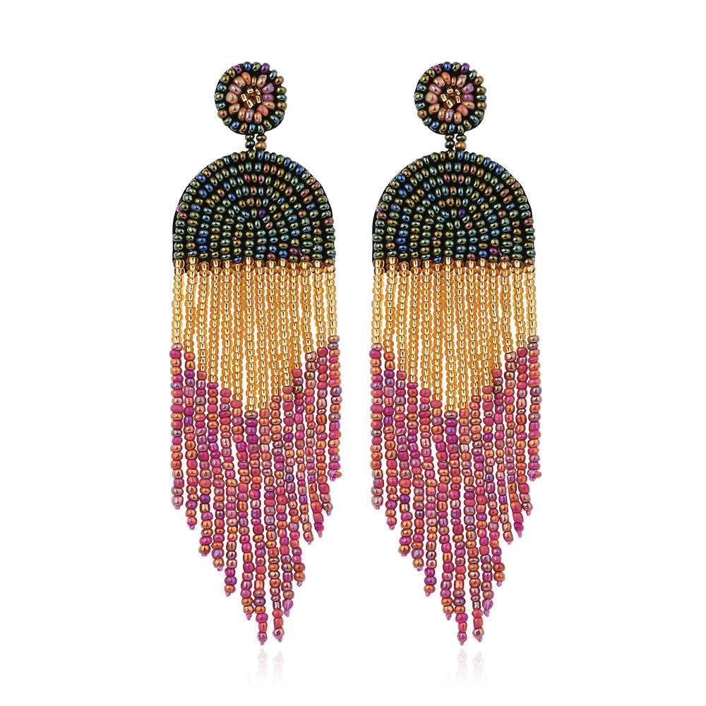 Wholesale Bohemian Vintage Rice Bead Tassel Earrings Exaggerated Personality Creative Handmade Jewelry