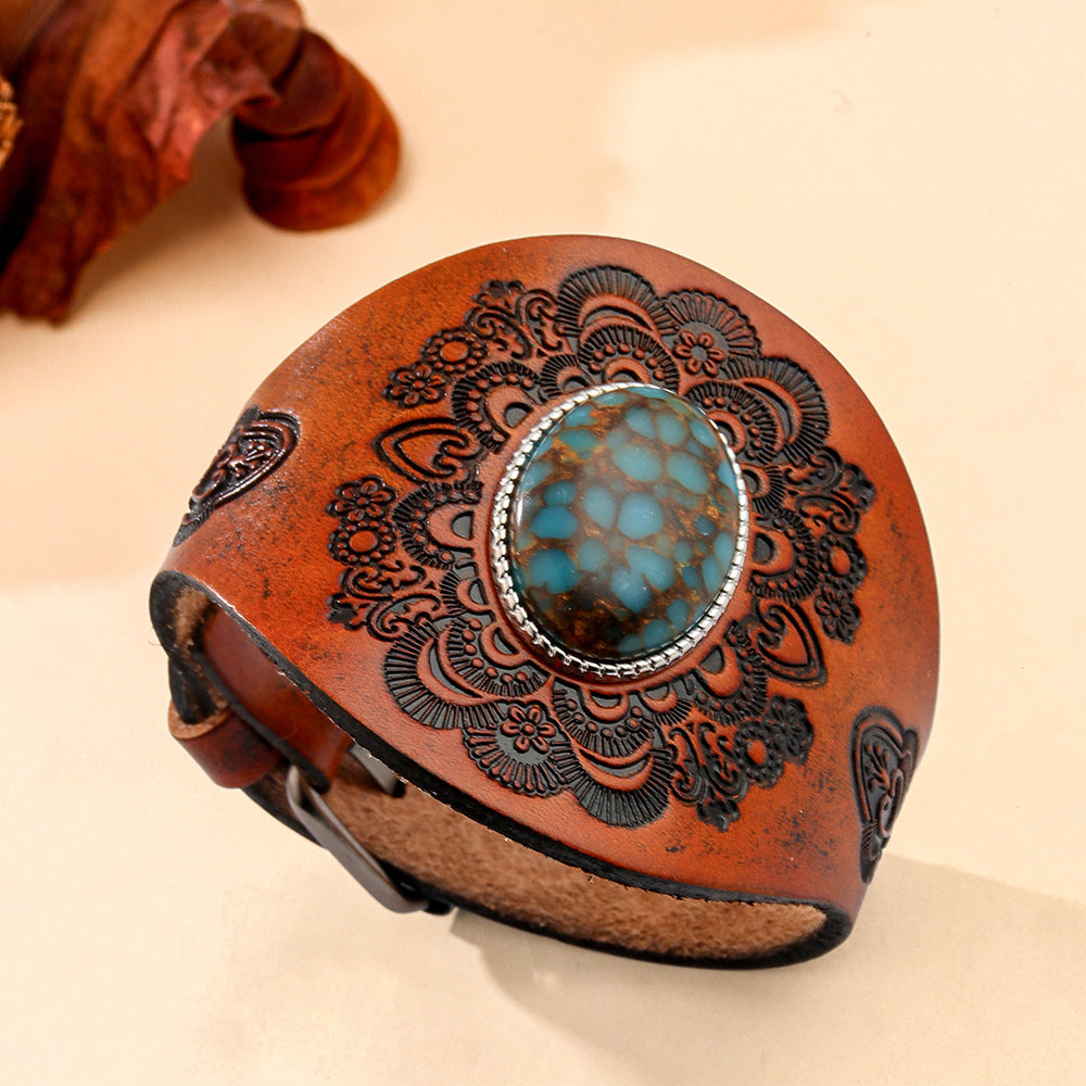 Wholesale Genuine Leather Bracelet Inlaid with Blue Turquoise Retro Bracelet