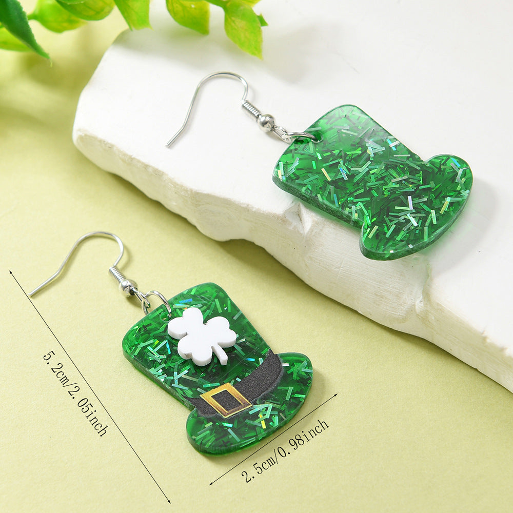 Wholesale St. Patrick's Day Green Hat Lucky Grass Clover Exaggerated Carnival Acrylic Double-Sided Earrings
