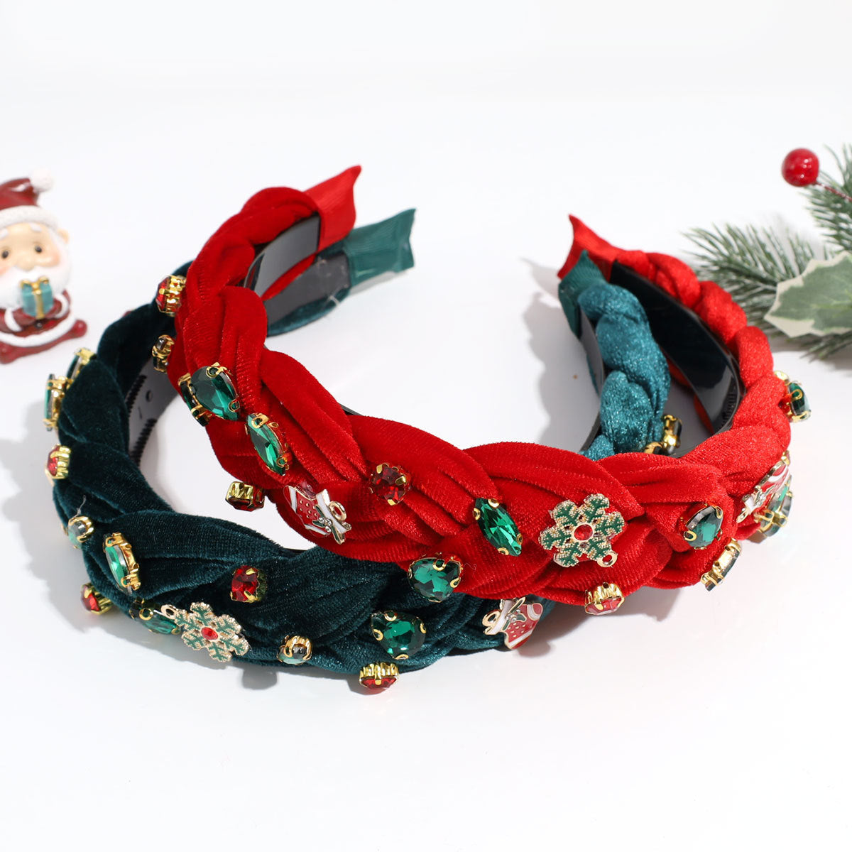 Wholesale Christmas Wide Fried Dough Twists Braid Rhinestone Cloth Headband