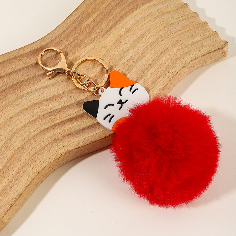 Wholesale Cartoon Three Flower Cat Pom Pom Keychain