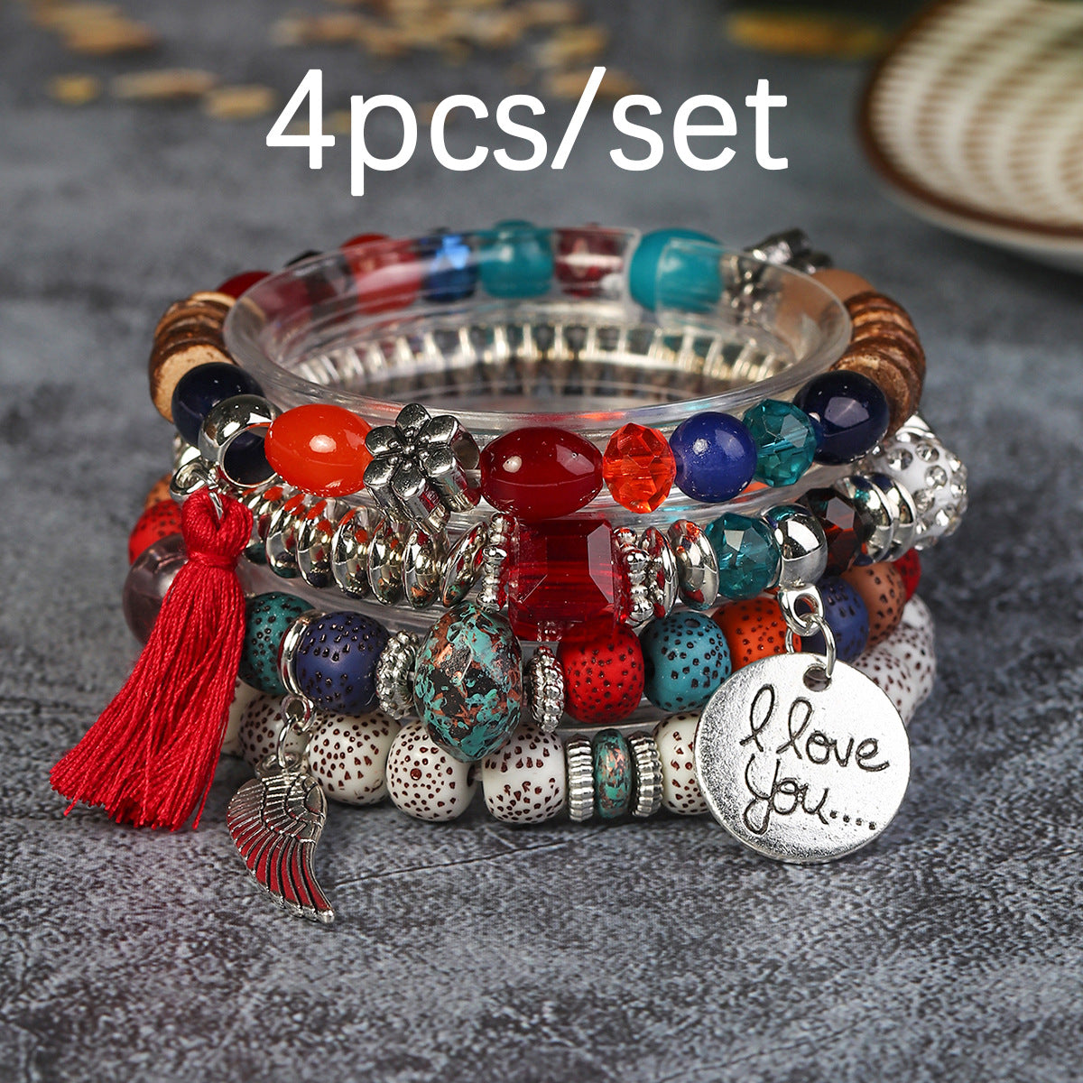 Wholesale I Love You Wings Tassel Glass Elastic Bracelet