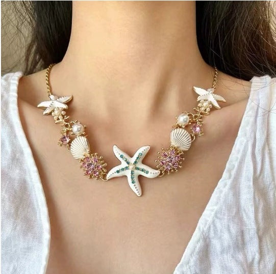 Wholesale Blue 3D Starfish Shell Clavicle Necklace
