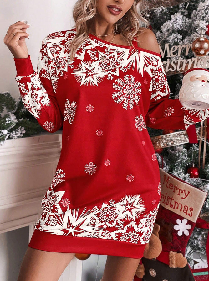 Wholesale Christmas snowflake print diagonal shoulder autumn/winter Women Clothes