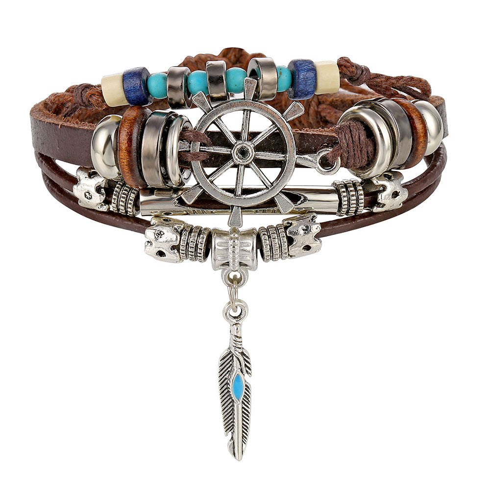 Wholesale Vintage Leaf Handwoven Multi-layer Leather Bracelet