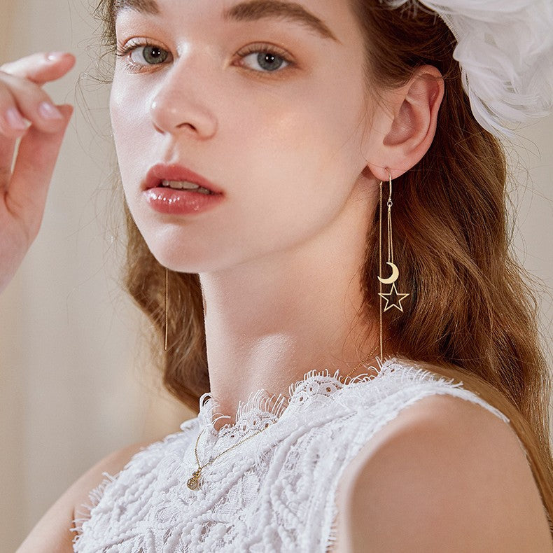Wholesale Star Moon Hollow Tassel Long Ear Chain Earrings Trendy Jewelry Accessory Gift Boutique Resale