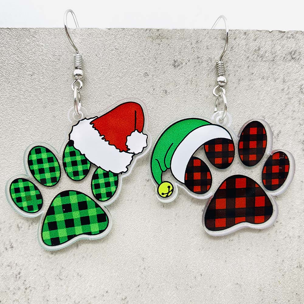 Wholesale Christmas Green Red Plaid Cat's Paw Leopard Print Elk Acrylic Earrings