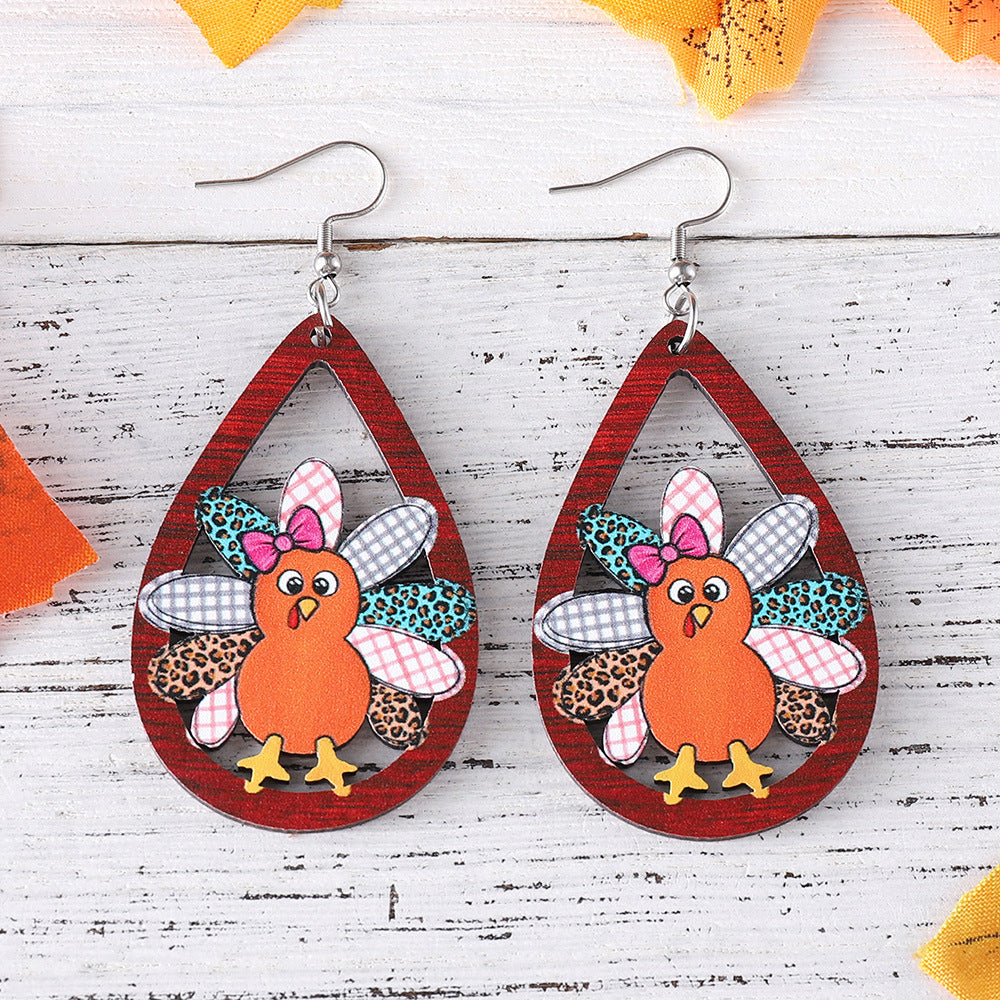 Thanksgiving Wooden Double-Sided Turkey Pendant Earrings