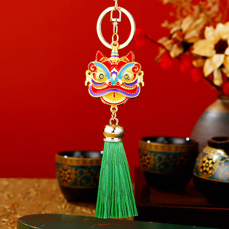 Wholesale Metal Chinese Style Lucky Lion Head Tassel Car Keychain Sapphire Blue Rhinestone Gift For Men Women