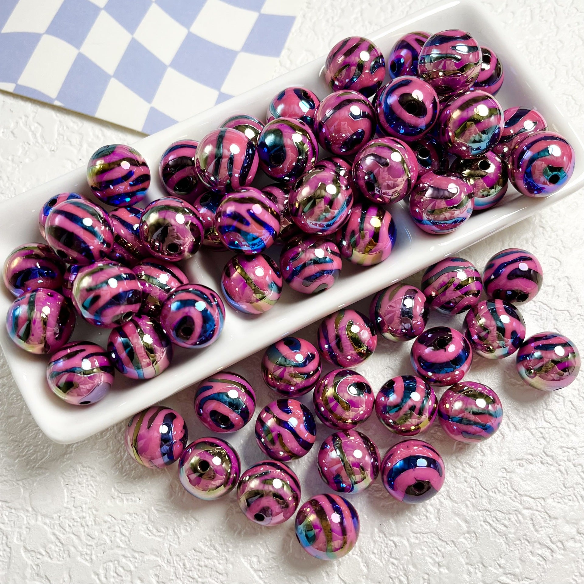 Wholesale 10PCS UV Plating Colorful Zebra Stripes Straight Hole Round Acrylic Beads