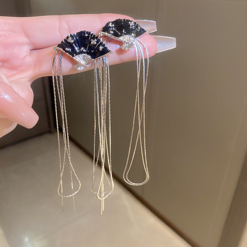 Wholesale New Chinese Style Lotus Fan Butterfly Pearl Tassel Temperament Fashion Niche High-end Earrings