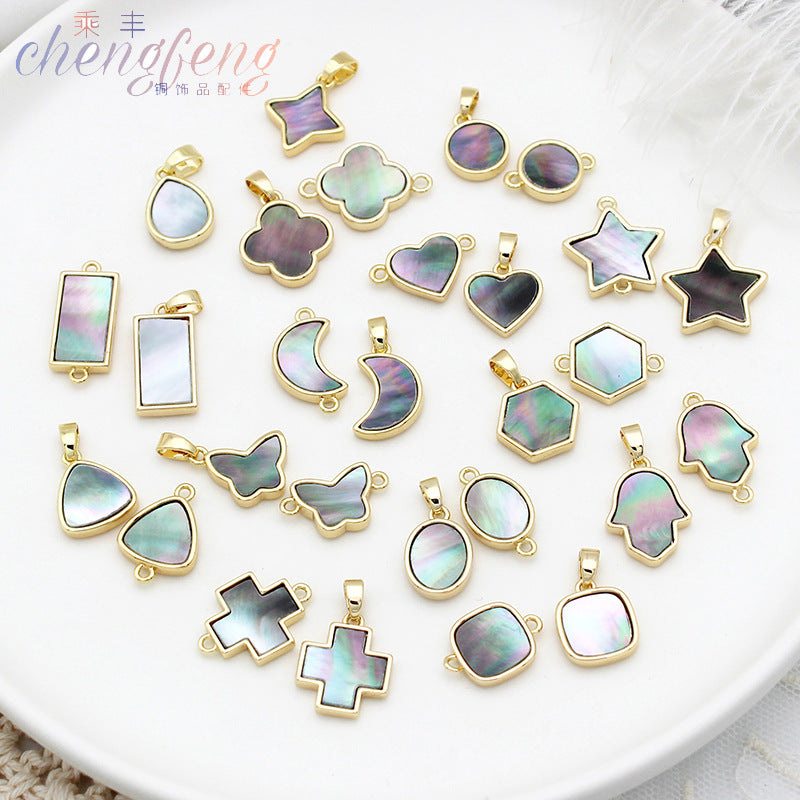 Wholesale Pure Brass Plated 18K Gold Black Shell Geometric Pendant Pendant Necklace Bracelet Single Hanging Double Hanging DIY Jewelry Accessories