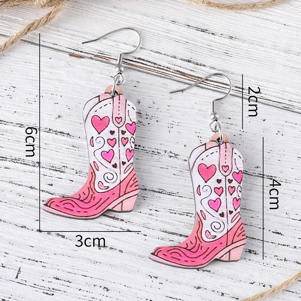 Wholesale Western style pink heart tassel cowboy boots pendant wooden double-sided earrings