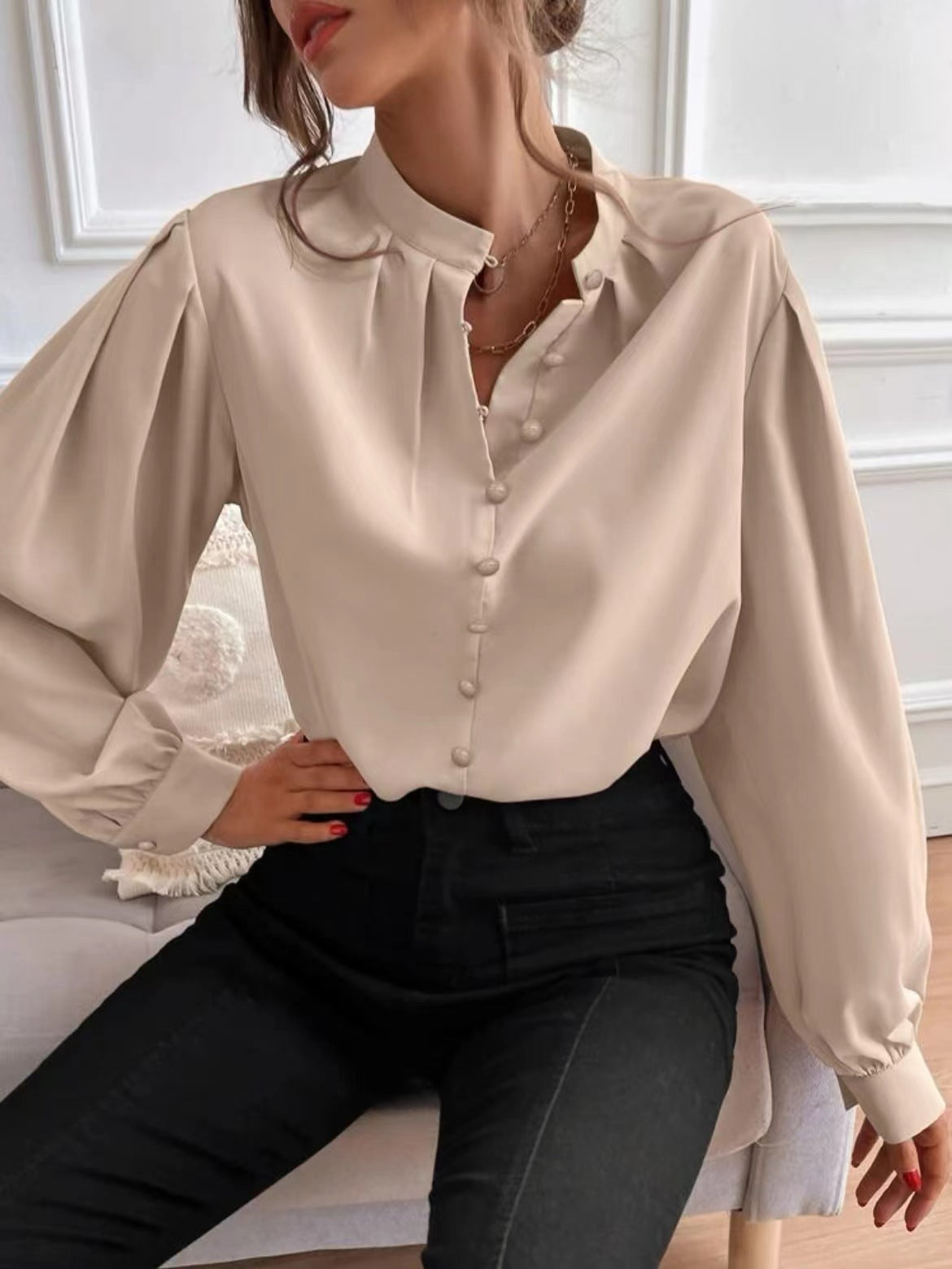 Wholesale New Elegant Solid Lapel Long Sleeve Single-breasted Loose Blouse with Solid Lapels