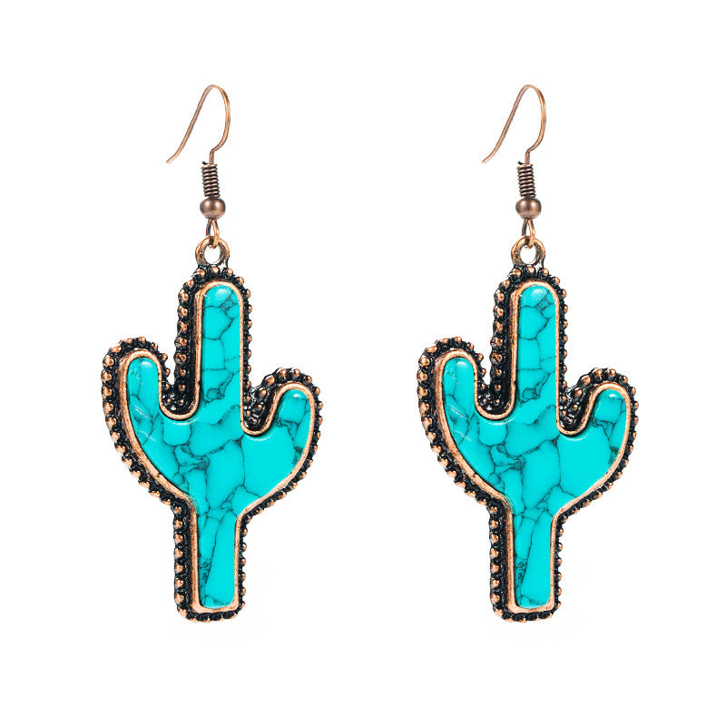 Wholesale Western style big cactus creative turquoise earrings