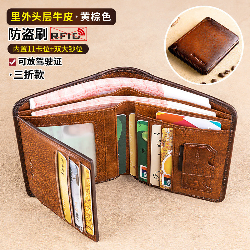 Wholesale Men's Wallet RFID Anti-theft Brushed Genuine Leather Wallet