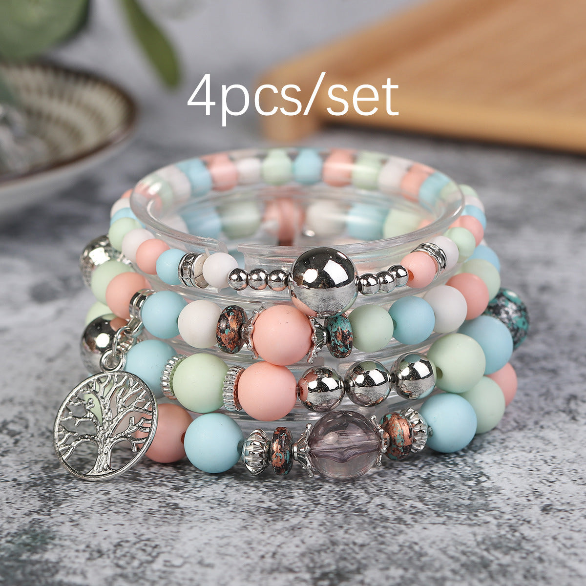 Wholesale Life Tree Demon Eye Multi Layered Pendant Glass Elastic Bracelet