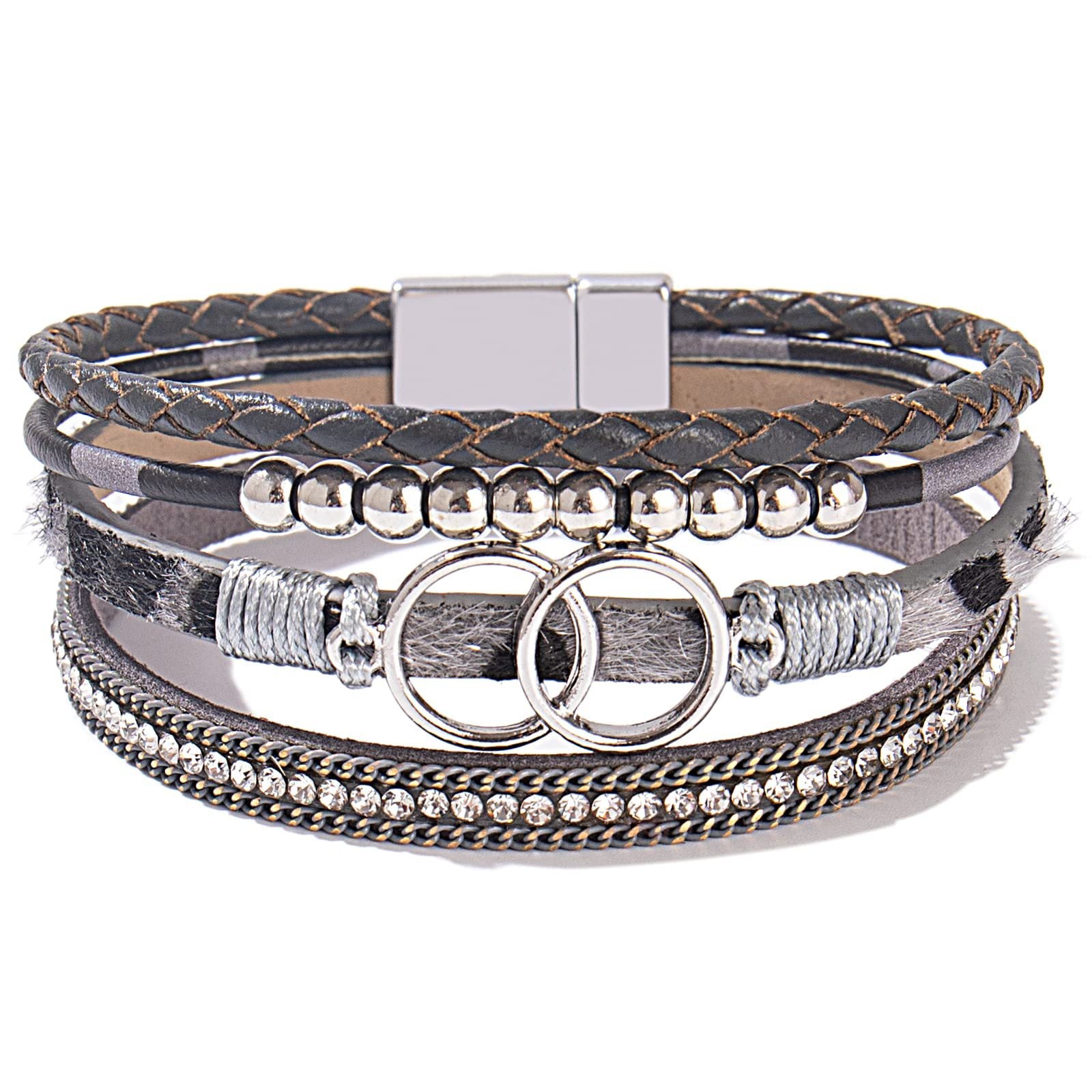 Wholesale Handmade Magnetic Clasp Diamond Encrusted Leather Bracelet