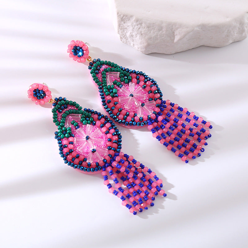 Wholesale Crystal Tassel Braided Long Rice Bead Earrings