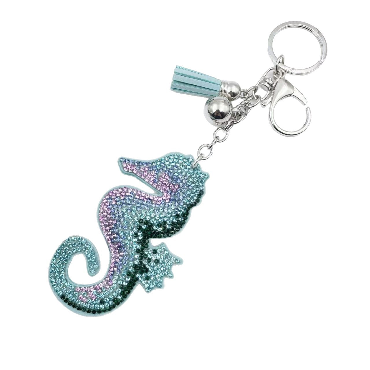 Wholesale 12pcs Seahorse Keychain Leather Tassel Ocean Crystal Gemstone Diamond Key