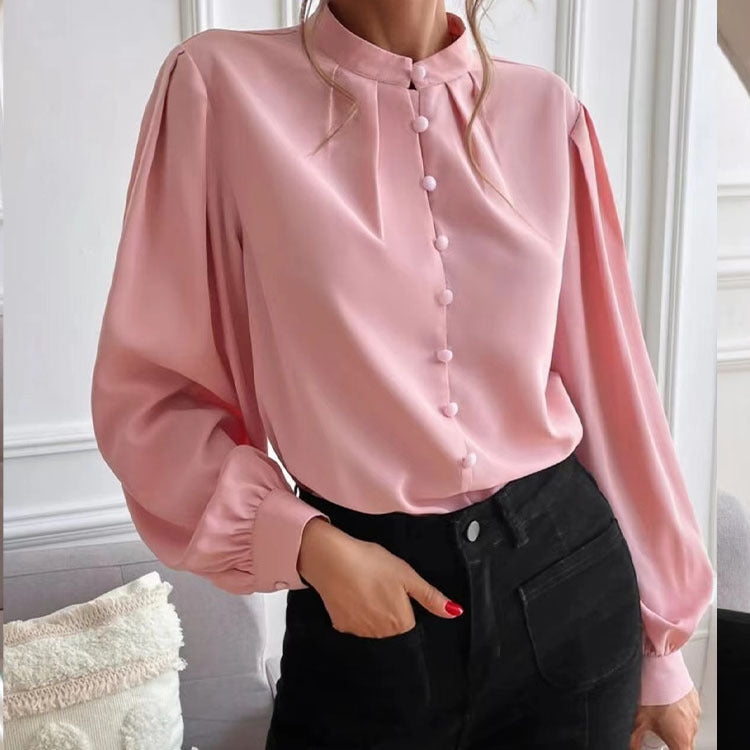 Wholesale New Elegant Solid Lapel Long Sleeve Single-breasted Loose Blouse with Solid Lapels