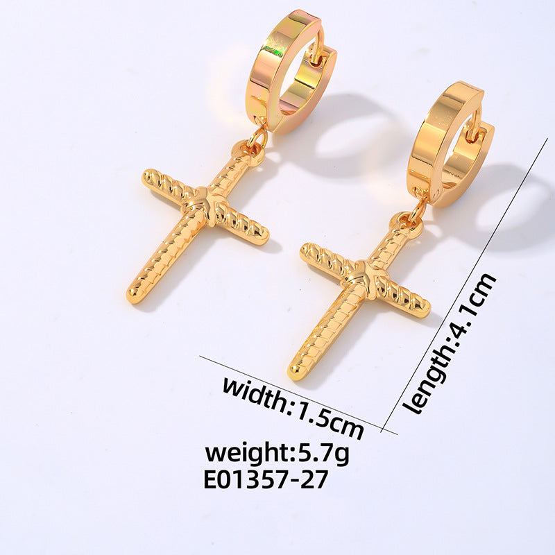 Wholesale Hip Hop Titanium Steel Polished Earrings Cross Pendant Hoop Earrings