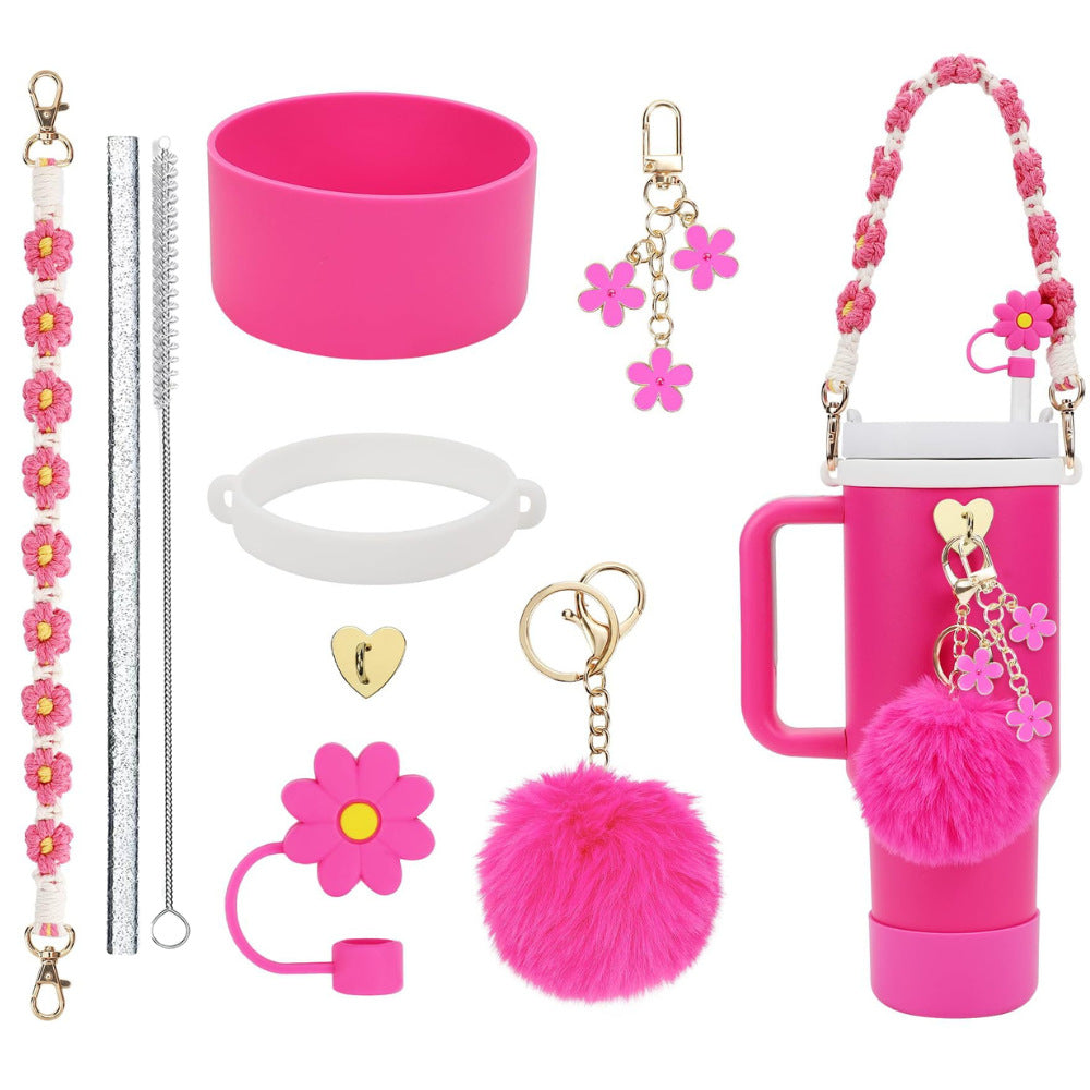 Wholesale Colorful straw accessories handmade cup chain plush love flower set