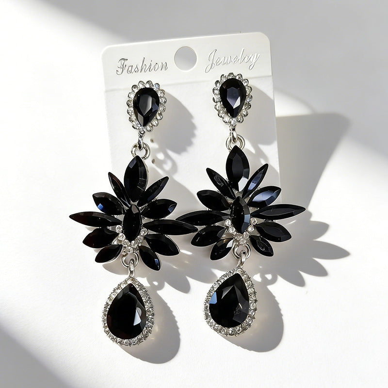 Wholesale Glass Flower Crystal Teardrop Full Diamond Earrings