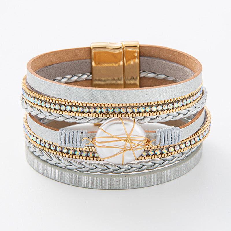 Wholesale Baroque Freshwater Pearl Braided Multi-Layered Leather Bracelet