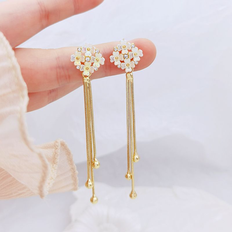 Wholesale Flower Temperament Tassel Silver Needle Diamond Earrings