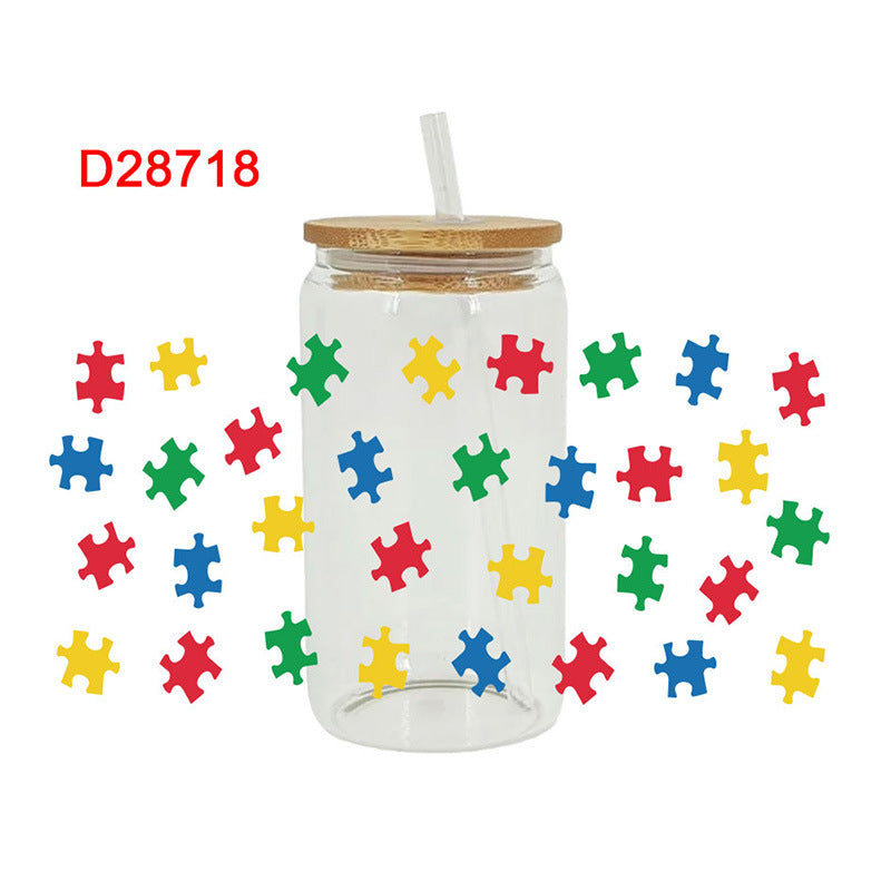 Wholesale Colorful Cartoon Puzzle 16oz Cup UV DTF Wraps