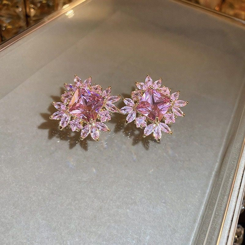 Wholesale Geometric Square Full Diamond Flower Earrings