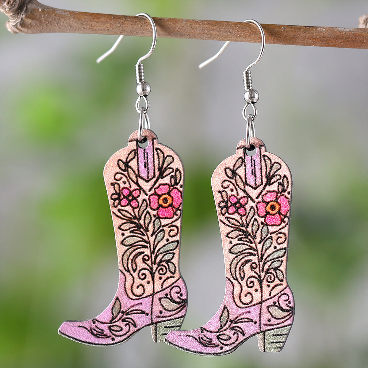 Wholesale Western style pink heart tassel cowboy boots pendant wooden double-sided earrings