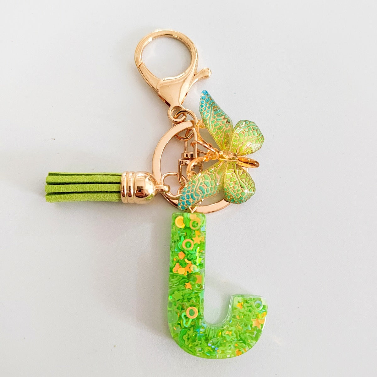 Wholesale 26 English Alphabet Keychain Pendant Green Star Glitter Resin Pendant  Key Chain